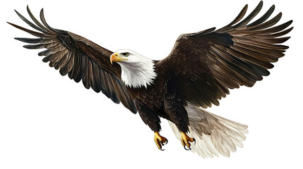 Obraz premium A bald eagle with wings spread wide, soaring through the air.
