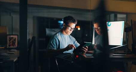 Night, creative or man on tablet for startup analytics report, deadline or online research....