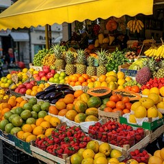 Vibrant fruit stand overflowing with fresh produce.