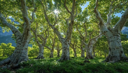 Sunlit Grove: Majestic Ancient Trees in Serene Forest
