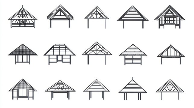 Traditional Asian roof structures; architectural design; construction plans; blueprint