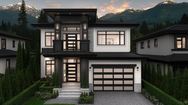 Modern home exterior with mountain backdrop. Ideal for real estate, architecture, or lifestyle ads