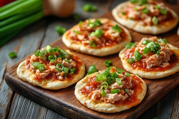 Mini pizzas with tuna, tomato sauce and green onion