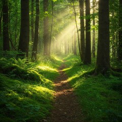 Obraz premium Serene forest pathway with sunlight filtering through tall trees, soft moss covering the ground, and a gentle breeze rustling vibrant green leaves.