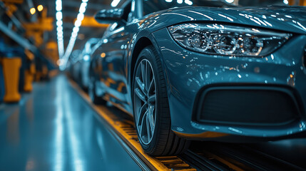 Automotive service moment in factory setting with blue car  