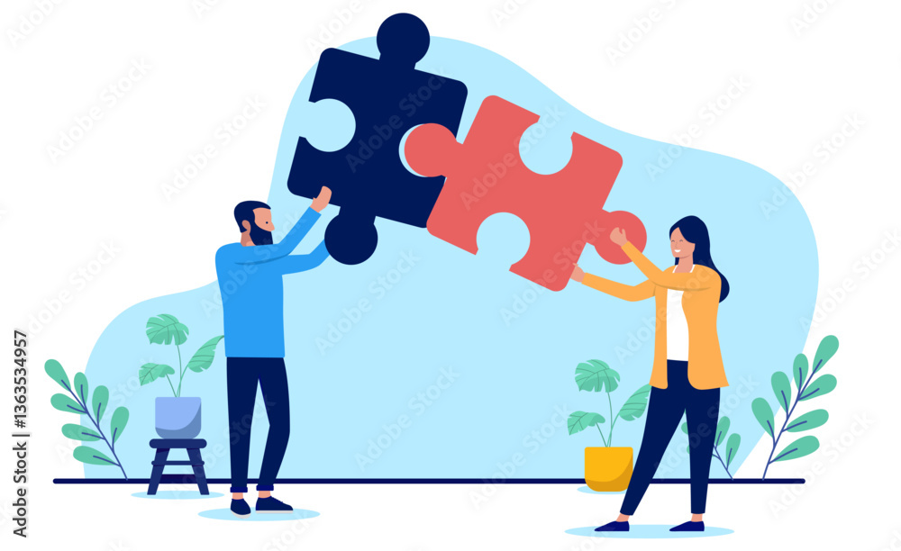 Fototapete business puzzle - two businesspeople working together solving problem and finding solution putting p