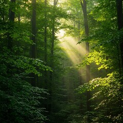 Obraz premium Morning light streaming through the leaves of a dense forest.