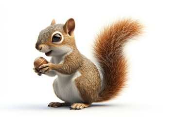 Obraz premium An adorable 3D-rendered squirrel happily holds an acorn, showcasing its bushy tail and charming expression.