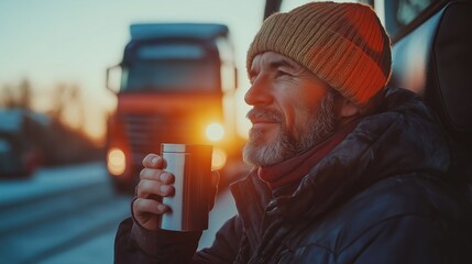 Mid-aged man enjoying drink from travel mug at roadside  