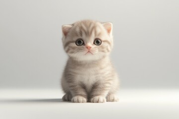 Obraz premium Adorable fluffy kitten with big eyes, sitting on a white background.