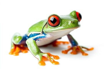 Red Eyed Tree Frog Resting on White Background Close Up View