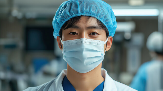 Asian doctor smiling in surgical mask in a medical environment - Powered by Adobe