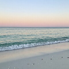 Calm ocean waves lapping against a pristine sandy shore, seashells scattered along the water&rsquo;s edge, and a horizon painted in pastel hues.
