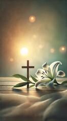 White lily and cross at sunrise symbolizing rebirth and spiritual peace