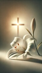 White lily with glowing cross symbolizing resurrection and peace