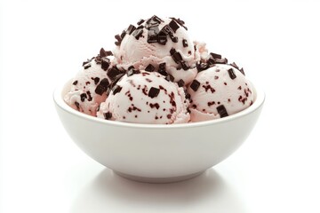 A bowl of pink ice cream with chocolate chunks on a white background studio shot close up view