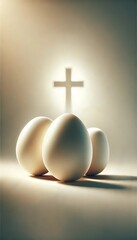 Three white eggs with glowing cross symbolizing resurrection and new life