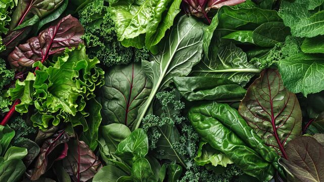 Assorted leafy greens: arugula, chard, and romaine