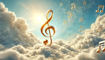 Golden treble clef and musical notes floating in heavenly clouds and sunlight
