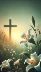 White lilies in morning light with cross symbolizing peace and resurrection