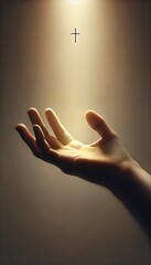 Reaching hand under divine light toward glowing cross symbolizing faith and hope
