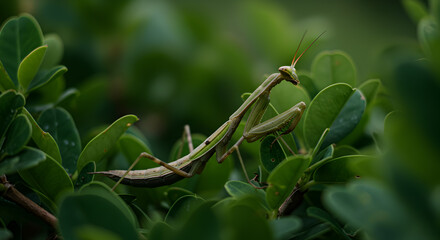 Praying Mantis Blends seamlessly on lush Foliage, creating visual harmony