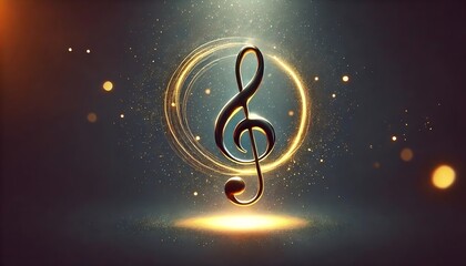 Glowing golden treble clef with magical light swirl on dark background
