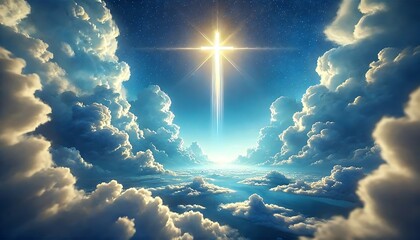Glowing cross shining above clouds in heavenly sky with radiant starlight
