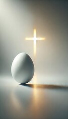 Single white egg with glowing cross symbolizing purity rebirth and faith
