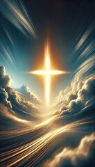Radiant golden cross shining above flowing clouds symbolizing divine ascension