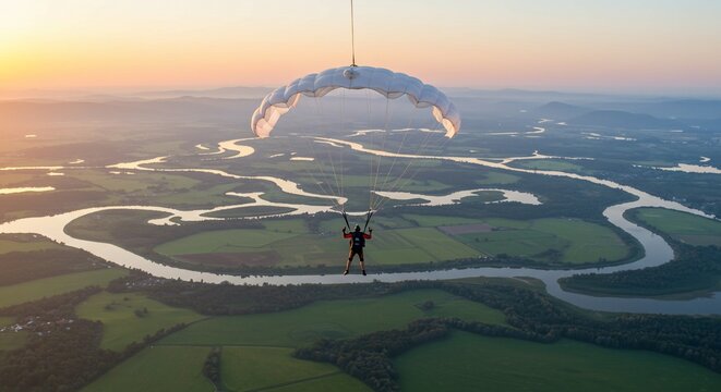 Skydiver soars above a vast landscape, river winding through the green fields