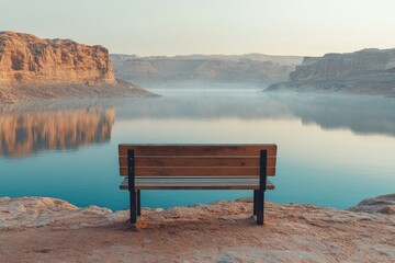 A solitary wooden bench overlooks a serene lake nestled amidst stunning red rock formations, reflecting the calm morning light.