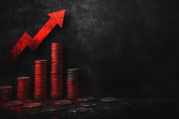 A red arrow rises dramatically against a dark backdrop, reflecting growth. Stacks of coins are arranged on the ground, indicating financial success and investment Generative AI