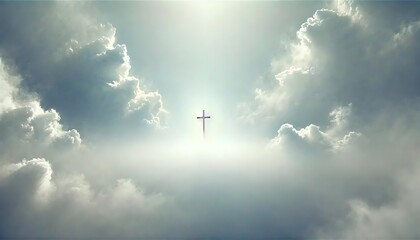 Glowing cross rising from clouds in radiant sky symbolizing peace and divinity