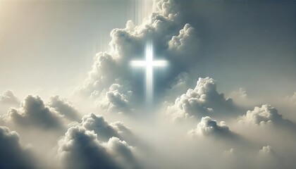Radiant glowing cross shining through heavenly clouds in a divine sky atmosphere