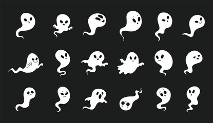 Cartoon cute Halloween ghosts lighting. Vector image of ghost, soul, spirit with glow on black dark background. Halloween, day of the dead, scary for kids