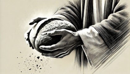 Sketch of hands breaking bread symbolizing communion and sacred tradition