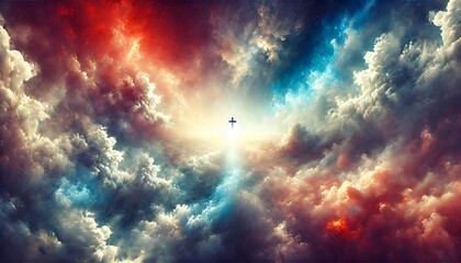 Radiant cross glowing in colorful heavenly clouds at sunrise or sunset