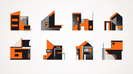 Modern house designs, geometric architecture, minimalist styles, urban background, for real estate brochures