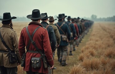 Continental army soldiers march in formation during American Revolutionary War. Reenactment of 18th-century historical military event. Uniforms, weapons, battle, conflict. Heritage. Patriotism.