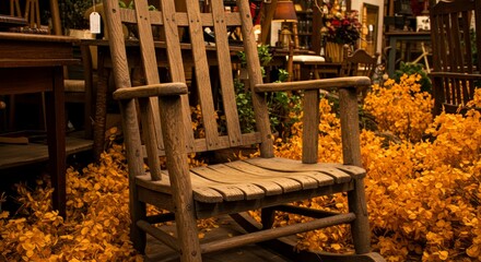 Rustic wooden rocking chair surrounded by autumn leaves  