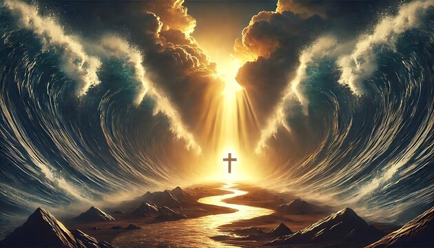 Divine light shines over parted sea with glowing cross on golden path