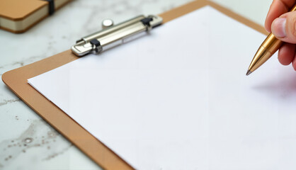 Hand holding pen writing on blank clipboard