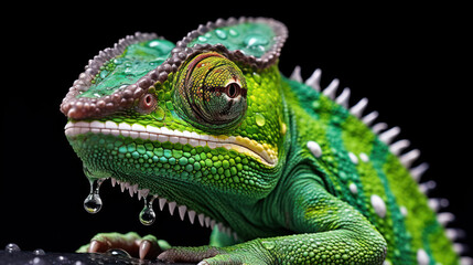 Obraz premium Close-Up of Vibrant Green Chameleon with Water Droplets on Skin, Black Background, Detailed Exotic Wildlife Macro Photography