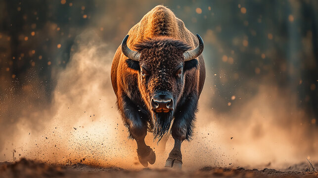 A powerful brown bison charging forward with dust particles