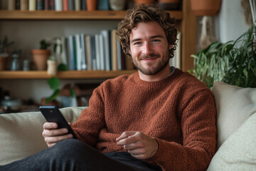 Young man joyfully engages with smartphone while relaxing at home