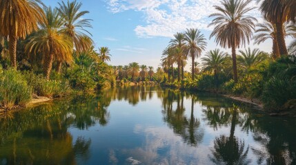 Tranquil oasis: A still river meanders through a vibrant palm grove landscape