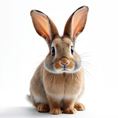 Cute brown rabbit with large ears on white background. Fluffy pet bunny portrait. Adorable animal face. Domestic mammal, studio shot. Ideal for pet shop advertisements, veterinary clinics, Easter
