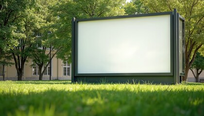 Blank signboard mockup on school campus, university. Billboard display for event posters, advertising, marketing, urban information. Empty space for message. Green grass lawn trees background. Ideal
