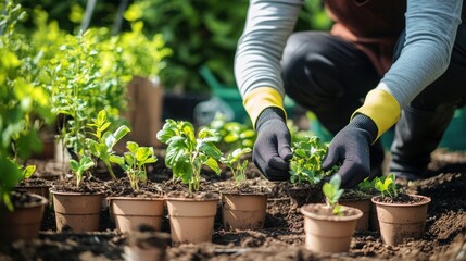 A person tending to small plants in a garden setting